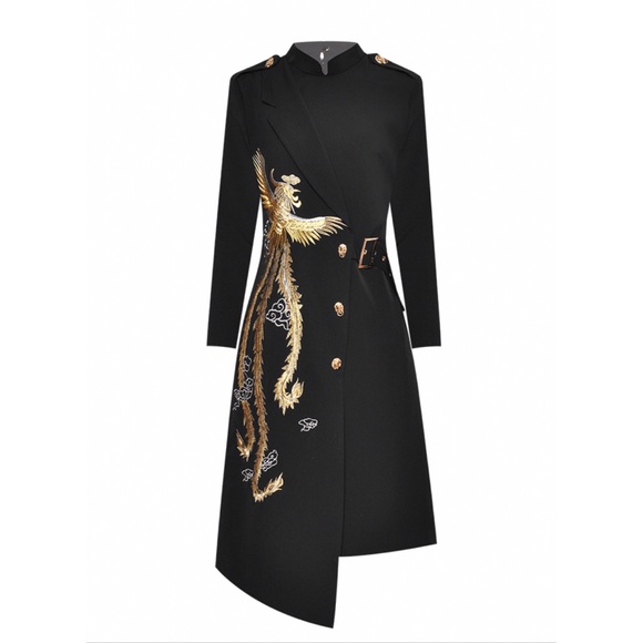 Golden Phoenix Black Embroidery Asymmetrical Dress - Picture 5 of 8